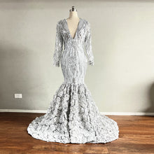 Load image into Gallery viewer, Mermaid Prom Dress with Long Sleeves Silver Sequin Floral Dress