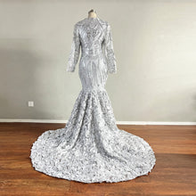 Load image into Gallery viewer, Mermaid Prom Dress with Long Sleeves Silver Sequin Floral Dress