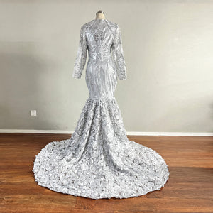 Mermaid Prom Dress with Long Sleeves Silver Sequin Floral Dress