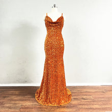 Load image into Gallery viewer, Orange Prom Dress Cowl Neck Sequin Velvet Dress