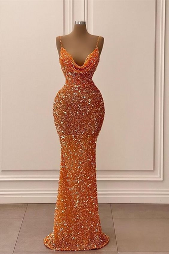 Orange Prom Dress 2024 Cowl Neck Sequin Velvet Dress