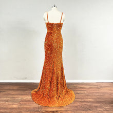 Load image into Gallery viewer, Orange Prom Dress Cowl Neck Sequin Velvet Dress