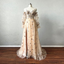 Load image into Gallery viewer, Fairy Prom Dress Long Sleeves Star Tulle Dress with Slit