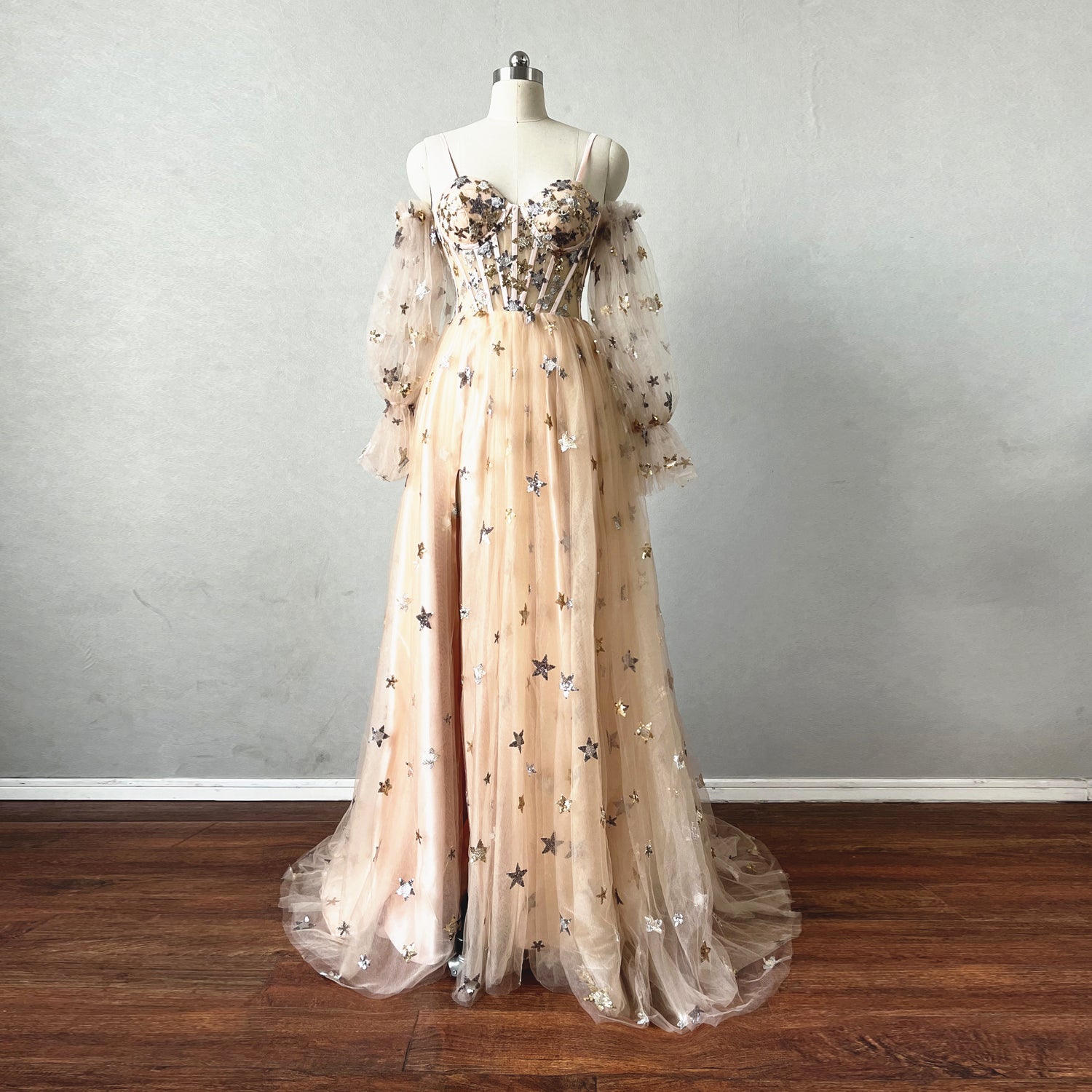 Fairy Prom Dress Long Sleeves Star Tulle Dress with Slit – DressCulture
