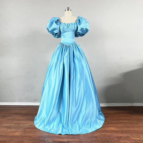 Puffy Sleeves Prom Dress with Corset Back Blue Satin Dress