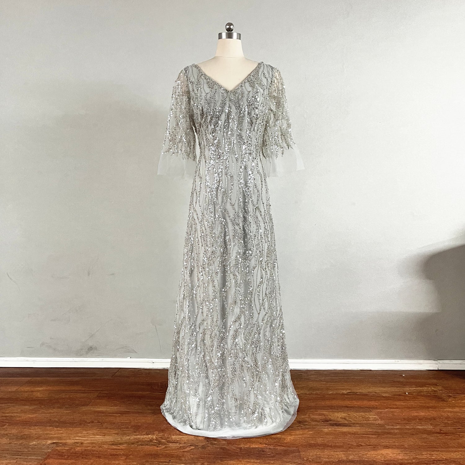 Gorgeous Grey Mother of the Bride Dress with Long Sleeves Prom Dress   DressCulture