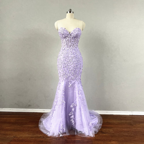 Mermaid Prom Dress Corset Lilac Purple Lace Tulle Evening Dress