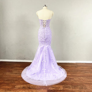 Mermaid Prom Dress Corset Lilac Purple Lace Tulle Evening Dress