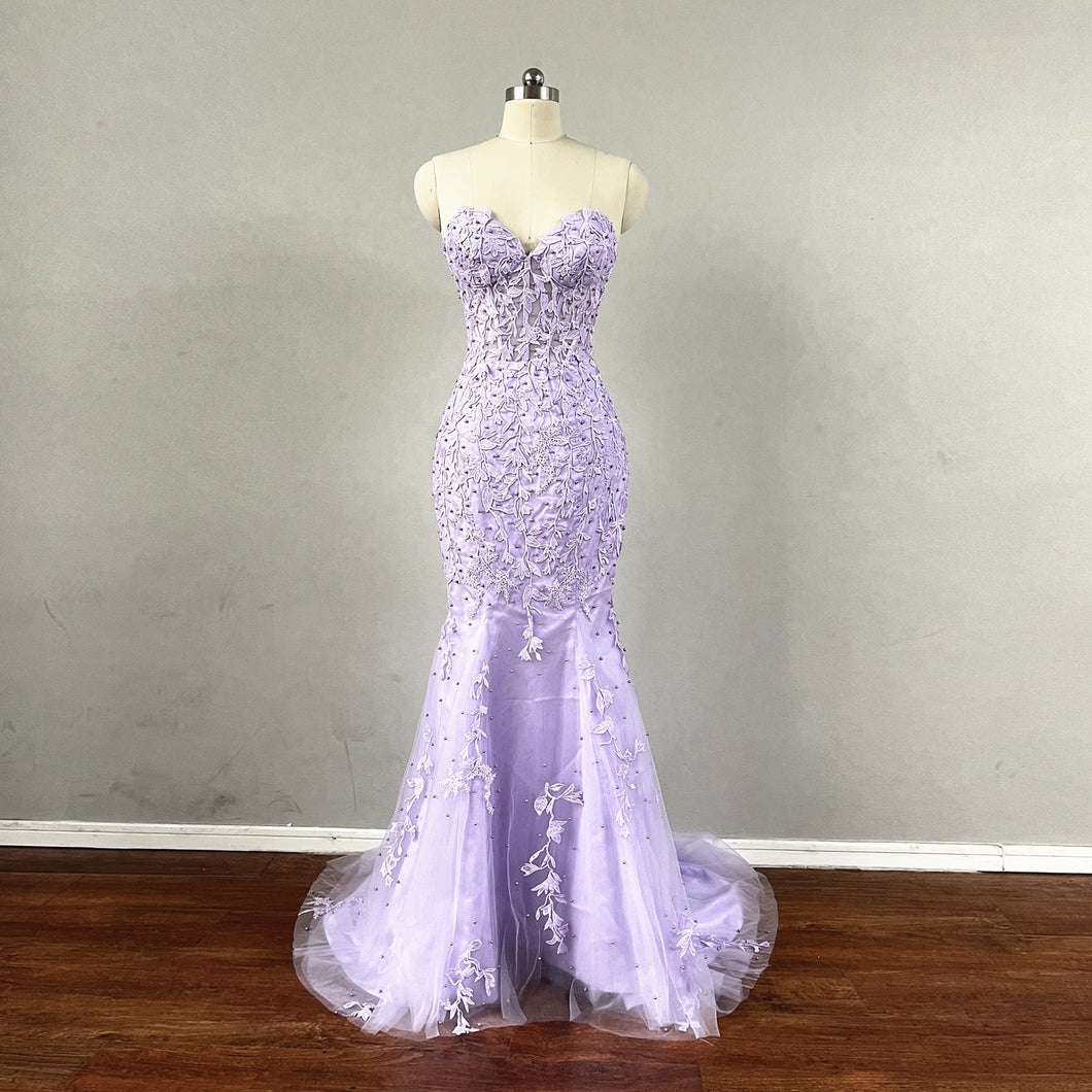 Mermaid Prom Dress Corset Lilac Purple Lace Tulle Evening Dress