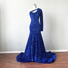 Load image into Gallery viewer, Mermaid Prom Dress Royal Blue Sequin over Velvet Evening Dress with Left Long Sleeve