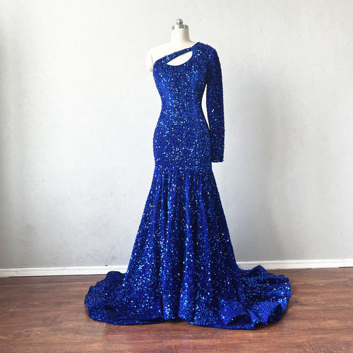 Mermaid Prom Dress Royal Blue Sequin over Velvet Evening Dress with Left Long Sleeve