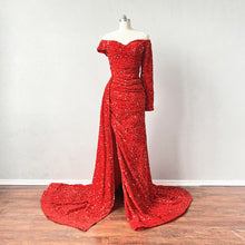 Load image into Gallery viewer, Mermaid Prom Dress Red Sequin over Velvet Evening Dress with Side Draping Slit