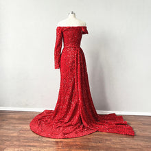 Load image into Gallery viewer, Mermaid Prom Dress Red Sequin over Velvet Evening Dress with Side Draping Slit