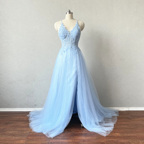 Slit Prom Dress Spaghetti Straps Light Blue Lace Tulle Evening Dress