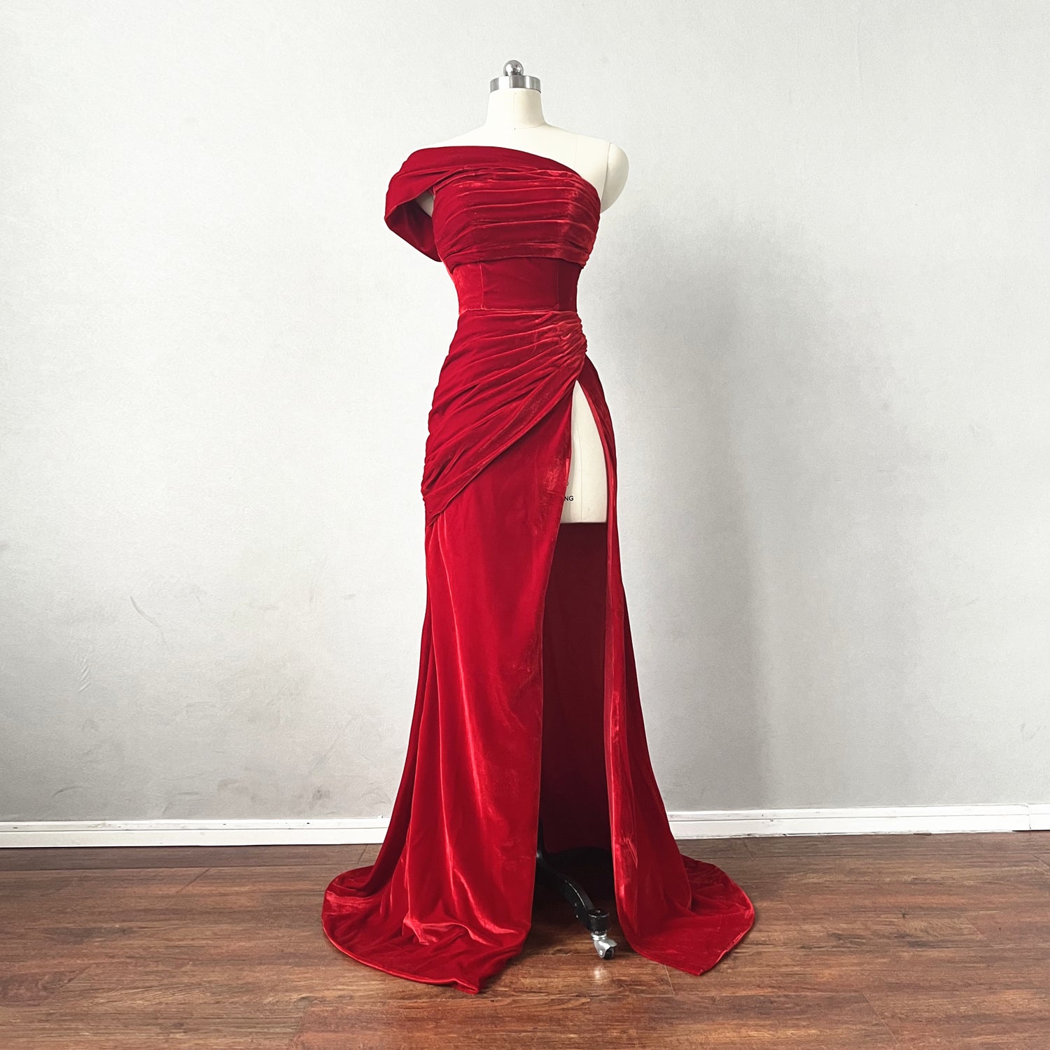 fitted lace wedding dress Sexy Prom Dress Red Velvet Evening Dress with High Slit – DressCulture