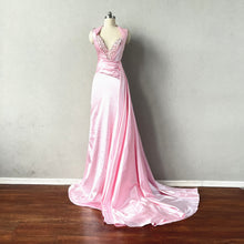 Load image into Gallery viewer, Mermaid Prom Dress Pink Sequin Silk Evening Dress with Side Draping