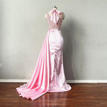 Load image into Gallery viewer, Mermaid Prom Dress Pink Sequin Silk Evening Dress with Side Draping