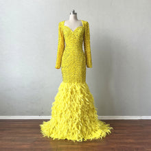 Load image into Gallery viewer, Mermaid Prom Dress Long Sleeves Yellow Sequin Evening Dress with Feathers