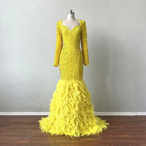 Mermaid Prom Dress Long Sleeves Yellow Sequin Evening Dress with Feathers