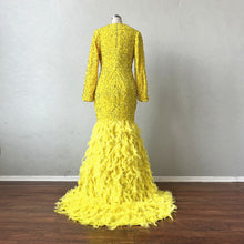 Load image into Gallery viewer, Mermaid Prom Dress Long Sleeves Yellow Sequin Evening Dress with Feathers