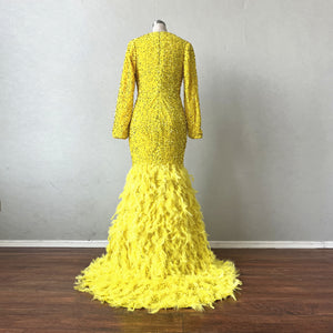 Mermaid Prom Dress Long Sleeves Yellow Sequin Evening Dress with Feathers