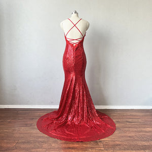 Mermaid Prom Dress Corset Red Sequin Evening Dress