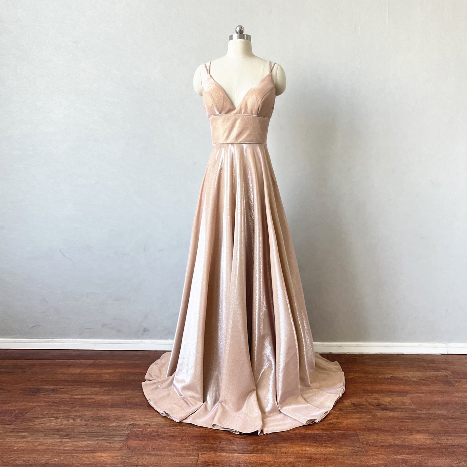 A-Line Prom Dress Champagne Shiny Fabric Evening Dress 2 / Sample Color A-Line Prom Dress Champagne Shiny Fabric Evening Dress 2 / Sample Color