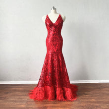 Load image into Gallery viewer, Mermaid Prom Dress Spaghetti Straps Red Sequin Evening Dress with Feathers