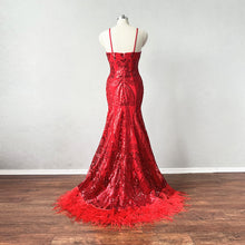 Load image into Gallery viewer, Mermaid Prom Dress Spaghetti Straps Red Sequin Evening Dress with Feathers