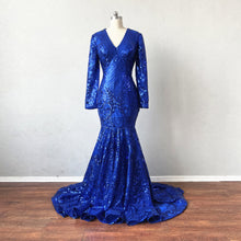 Load image into Gallery viewer, Mermaid Prom Dress Long Sleeves Royal Blue Sequin Evening Dress