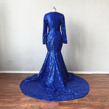 Load image into Gallery viewer, Mermaid Prom Dress Long Sleeves Royal Blue Sequin Evening Dress