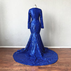 Mermaid Prom Dress Long Sleeves Royal Blue Sequin Evening Dress