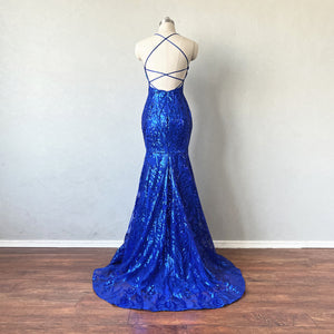 Mermaid Prom Dress Corset Royal Blue Sequin Evening Dress