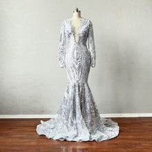 Load image into Gallery viewer, Mermaid Prom Dress Long Sleeves Silver Grey Sequin Evening Dress