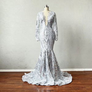 Mermaid Prom Dress Long Sleeves Silver Grey Sequin Evening Dress 6 / Black Mermaid Prom Dress Long Sleeves Silver Grey Sequin Evening Dress 6 / Black