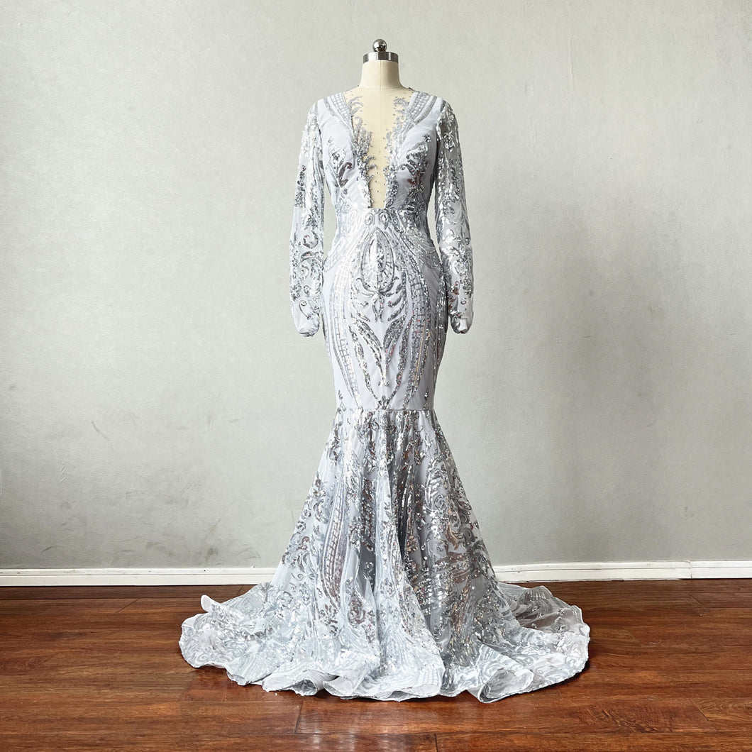 Mermaid Prom Dress Long Sleeves Silver Grey Sequin Evening Dress 6 / Black Mermaid Prom Dress Long Sleeves Silver Grey Sequin Evening Dress 6 / Black