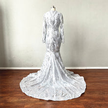 Load image into Gallery viewer, Mermaid Prom Dress Long Sleeves Silver Grey Sequin Evening Dress