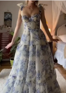 Floral Blue Prom Dress 2024 Corset Back