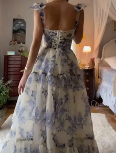Floral Blue Prom Dress 2024 Corset Back