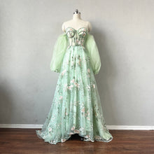 Load image into Gallery viewer, Floral Tulle Prom Dress 2024 Corset Back with Long Sleeves Detachable