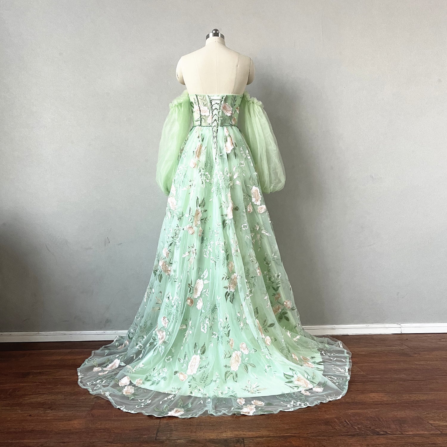 Sage Green Prom Dress Corset Back with Long Sleeves 4 / Sample Color Sage Green Prom Dress Corset Back with Long Sleeves 4 / Sample Color