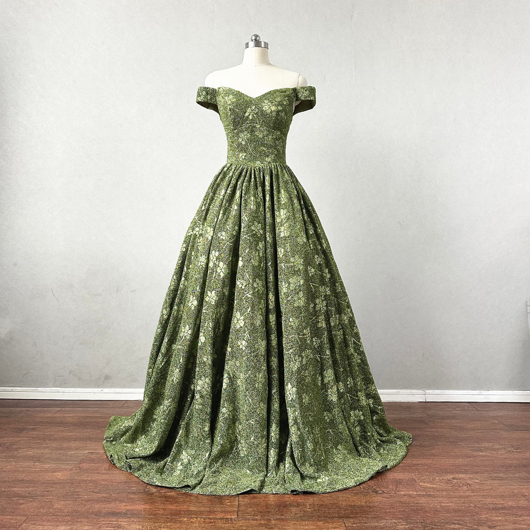 Ball Gown Prom Dress Corset Back Moss Green Floral Evening Dress