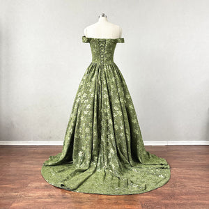 Ball Gown Prom Dress Corset Back Moss Green Floral Evening Dress