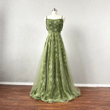 Load image into Gallery viewer, Moss Green Floral Prom Dress Corset Back Tulle Overlay Skirt