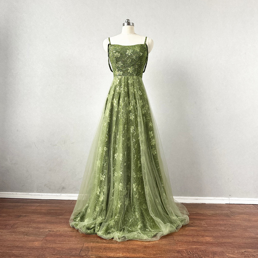 Moss Green Floral Prom Dress Corset Back Tulle Overlay Skirt