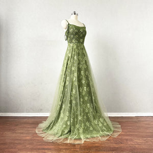 Moss Green Floral Prom Dress Corset Back Tulle Overlay Skirt