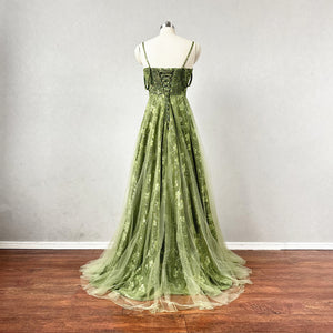 Moss Green Floral Prom Dress Corset Back Tulle Overlay Skirt