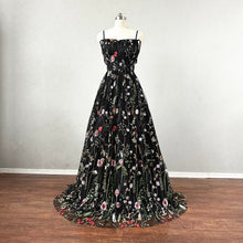 Load image into Gallery viewer, Black Floral Fairy Prom Dress Corset Back Spaghetti Straps