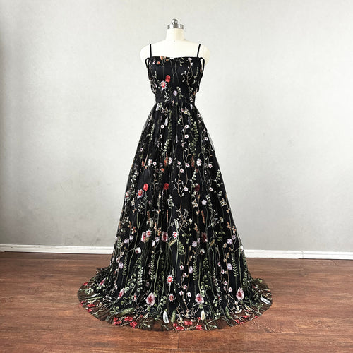 Black Floral Fairy Prom Dress Corset Back Spaghetti Straps