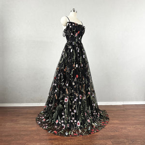 Black Floral Fairy Prom Dress Corset Back Spaghetti Straps